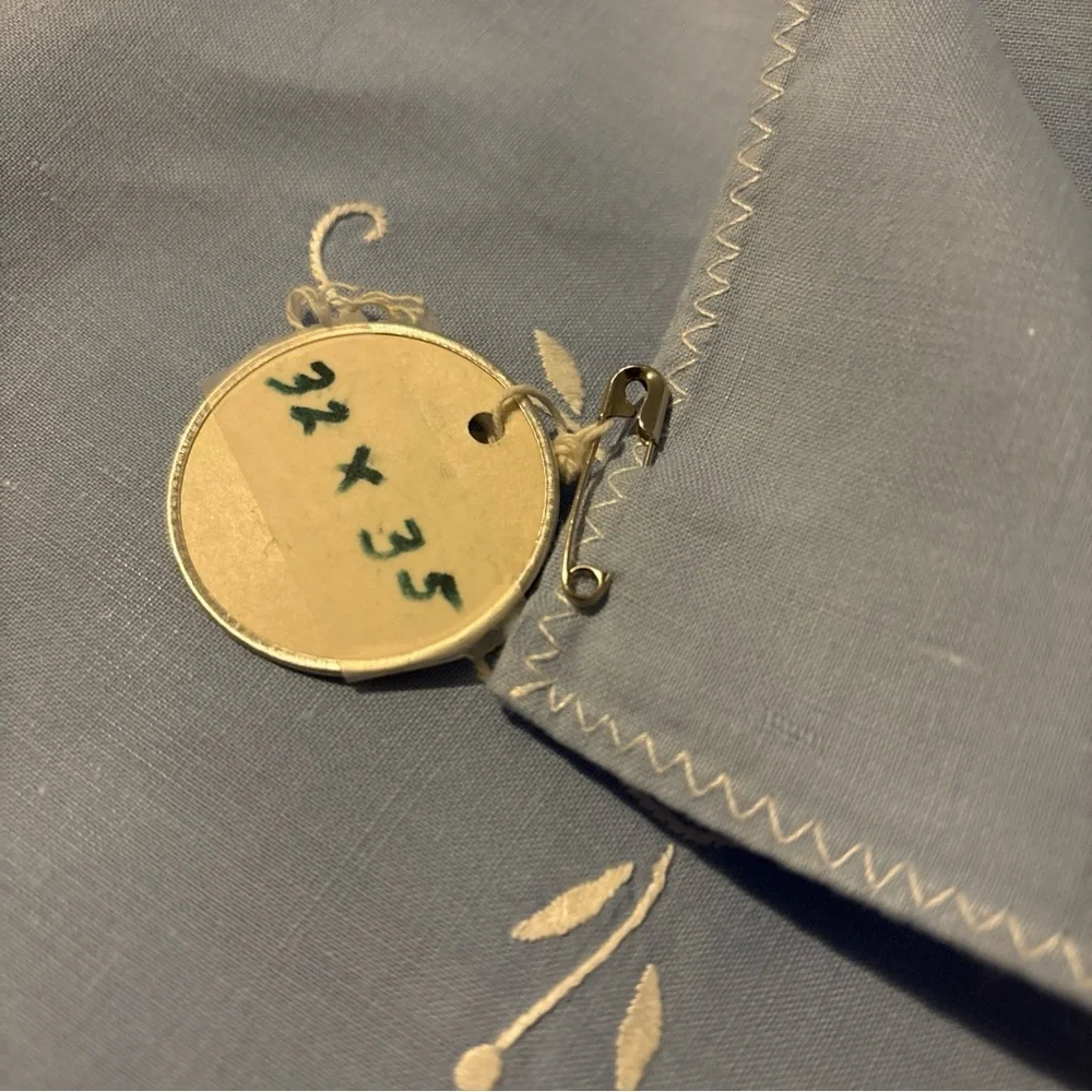 Vintage Blue Embroidered Linen Tablecloth 32x35 Floral Cutwork Tea Cottagecore